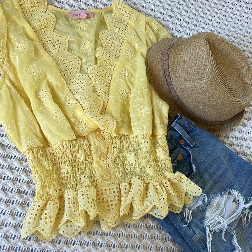 ROSE AND GREY Butter Yellow Eyelet Lace Top| S - Picture 9 of 9